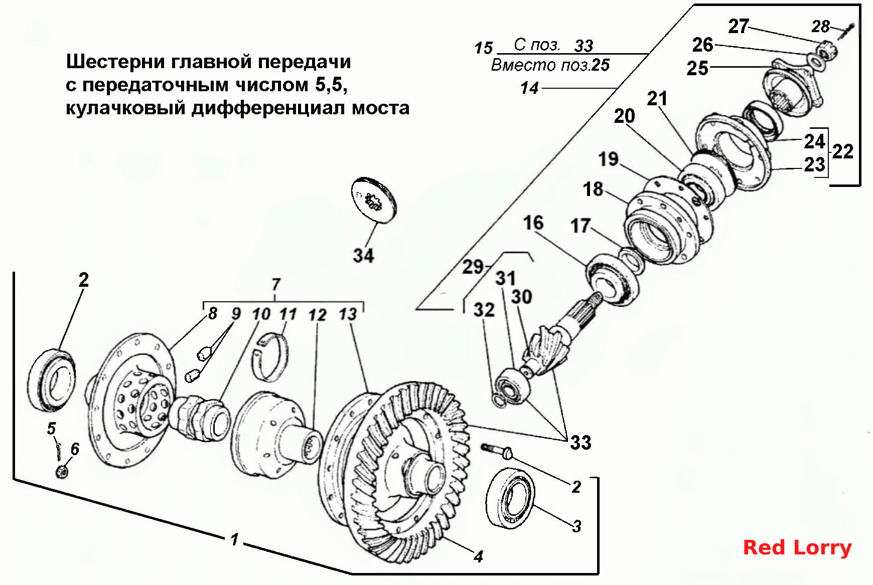 Шестерні головної передачі з передавальним числом 5,5, кулачковий диференціал моста