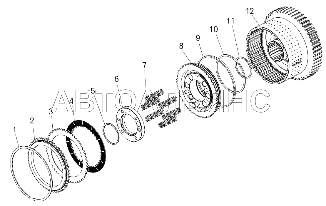 Фрикцион повышающего (понижающего) диапазона (- , );Friction clutch of raising (lowering) range