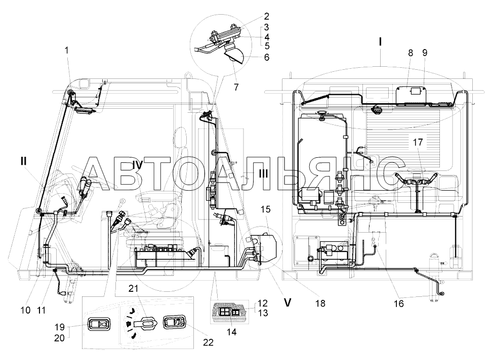 Монтаж электрооборудования по кабине (75581-3700007)(рисунок I);Mounting of electrical equipment in the cabin