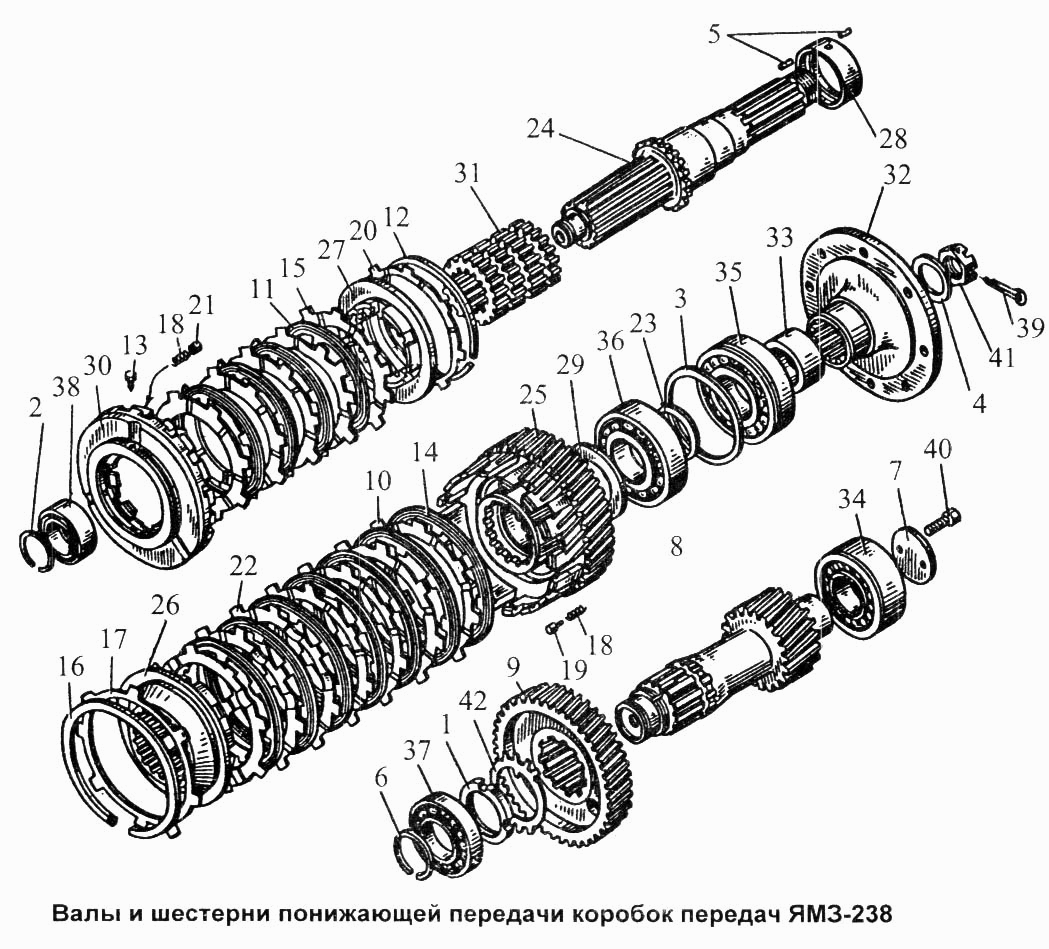 Валы и шестерни понижающей передачи коробок передач ЯМЗ-238