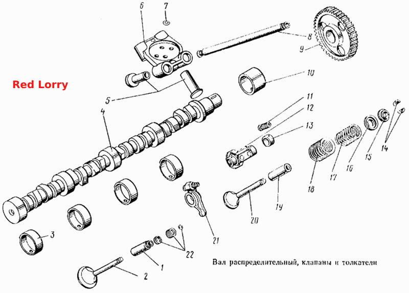 Вал распределительный, клапаны и толкатели