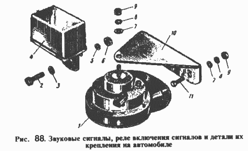 Звуковые сигналы, реле включения сигналов и детали их крепления на автомобиле