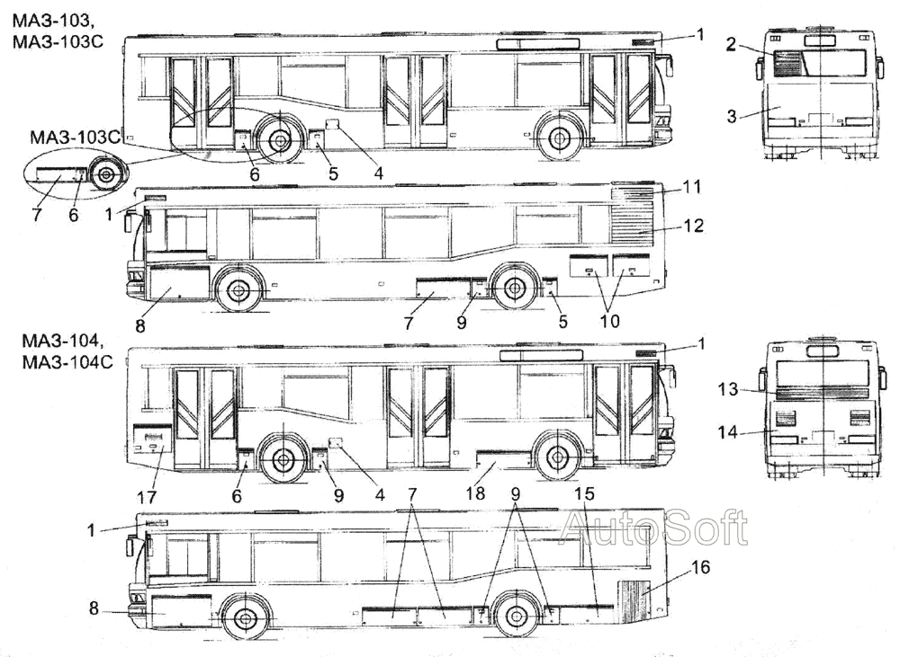 Расположение крышек и решеток на кузове автобусов МАЗ-103, МАЗ-104