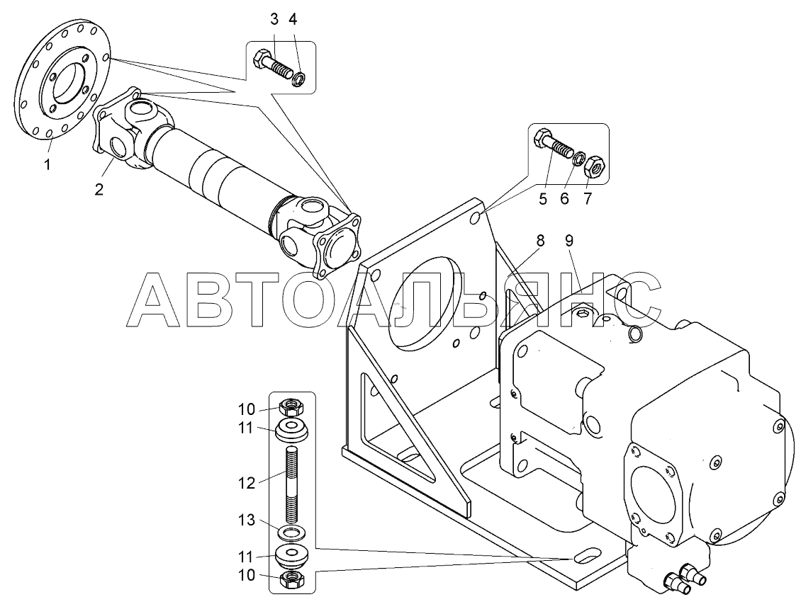 Установка насоса и карданного вала (75131-8600032-20);Mounting of pump and cardan shaft