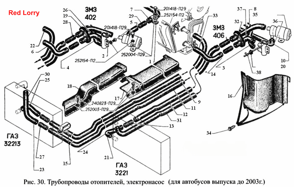 Трубопроводы отопителей, электронасос (для автобусов выпуска до 2003г.)