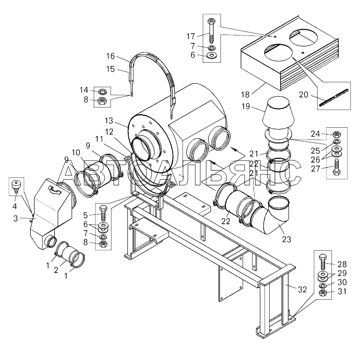 Установка воздушного фильтра ;Mounting of air filter on BELAZ- Loader