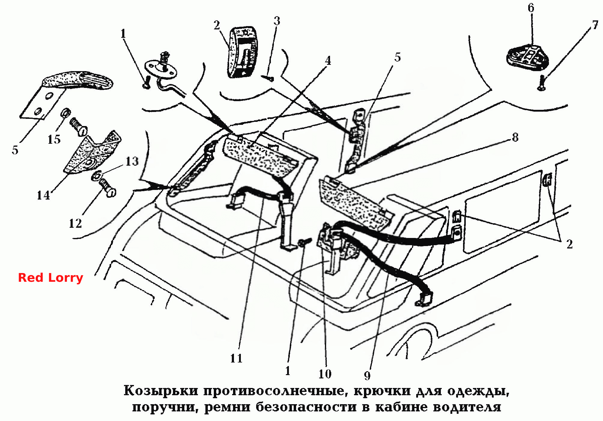 820. Принадлежности кузова\Козырьки противосолнечные, крючки для одежды, поручни, ремни безопасности в кабине водителя