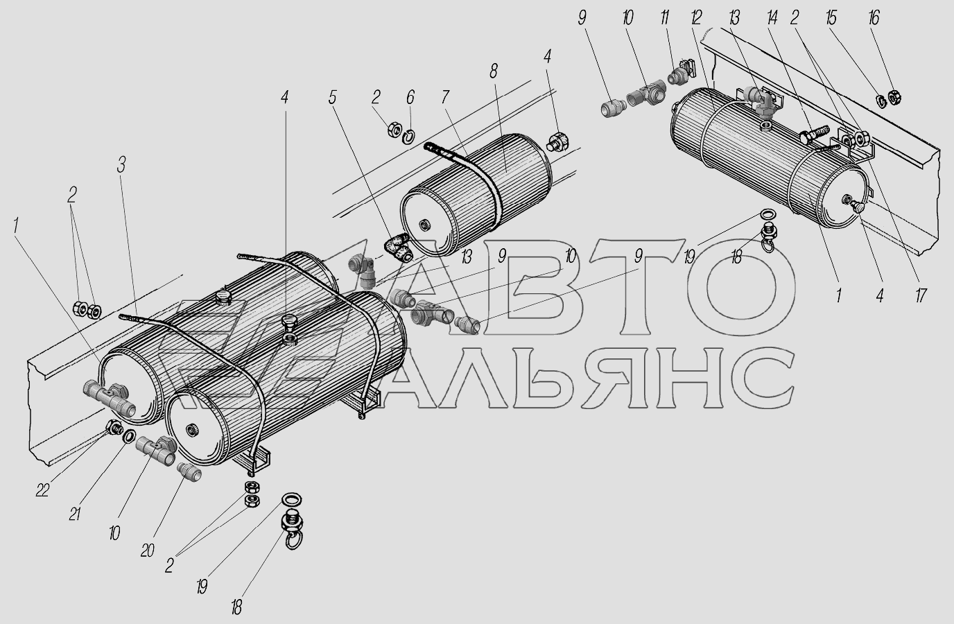 Установка воздушных баллонов на седельный тягач 44202-0511-58