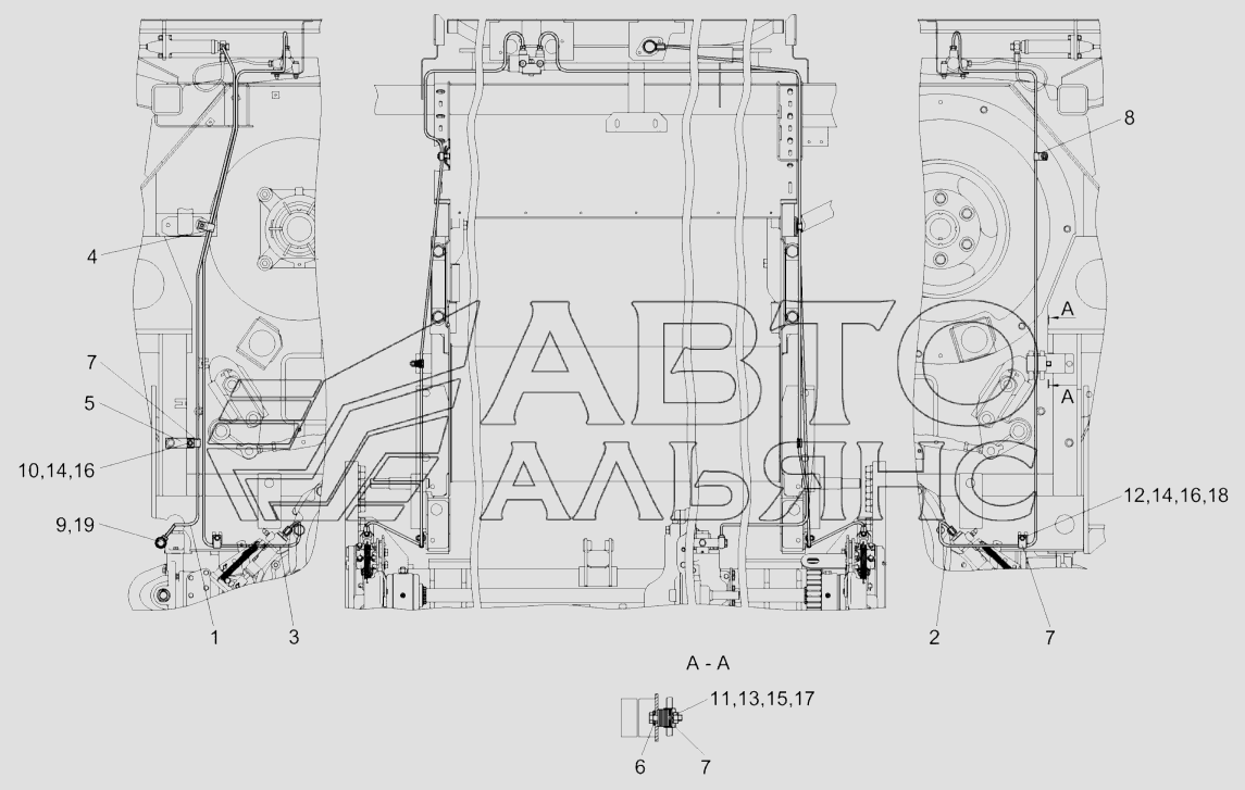Установка трубопроводов моста ведущих колёс КЗК-8-0119250