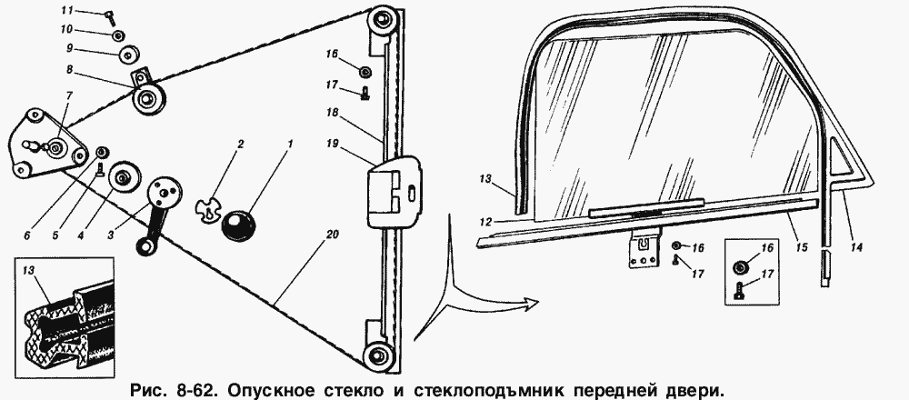Опускное стекло и стеклоподъемник передней двери