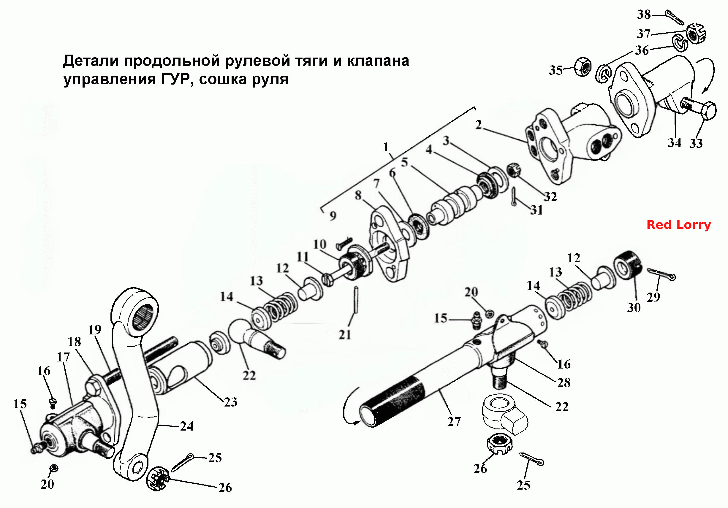 Детали продольной рулевой тяги и клапана управления ГУР, сошка руля