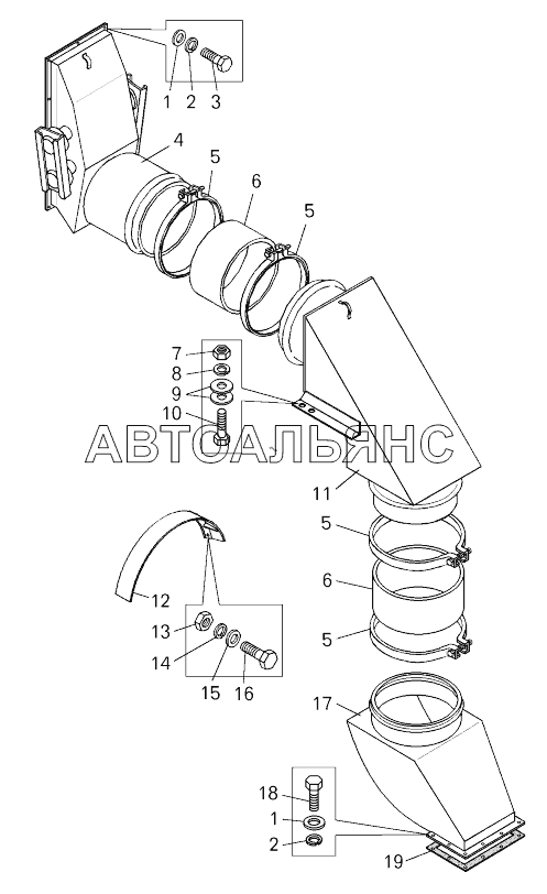 Установка всасывающих воздухопроводов (75131-2100044-30);Mounting of suction air ducts
