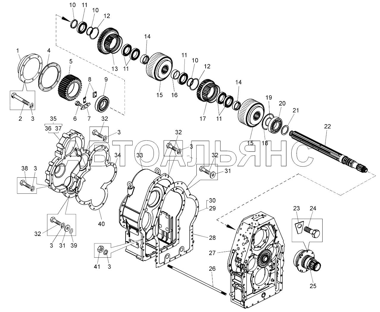 Коробка передач. Картеры, установка первичного вала (- , - );Gearbox. Casings, mounting of main shaft