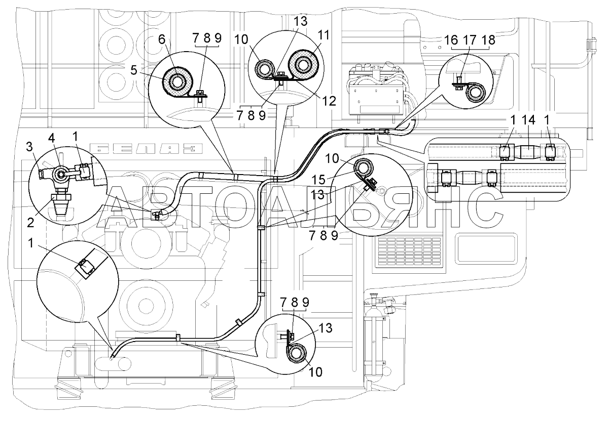 Установка трубопроводов отопителя кабины (75131-8100005);Mounting of pipelines in the cabin heater