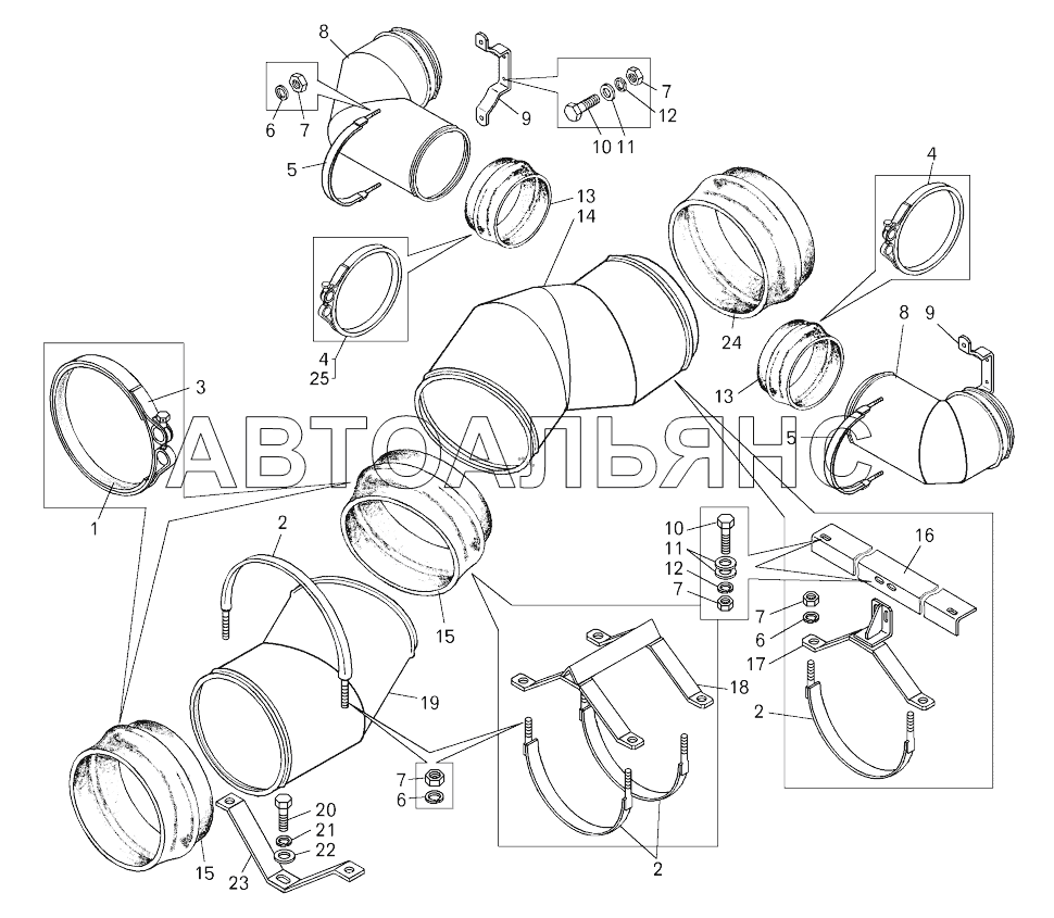 Установка нагнетательных воздухопроводов (75131-2100049-30);Mounting of pressure air ducts