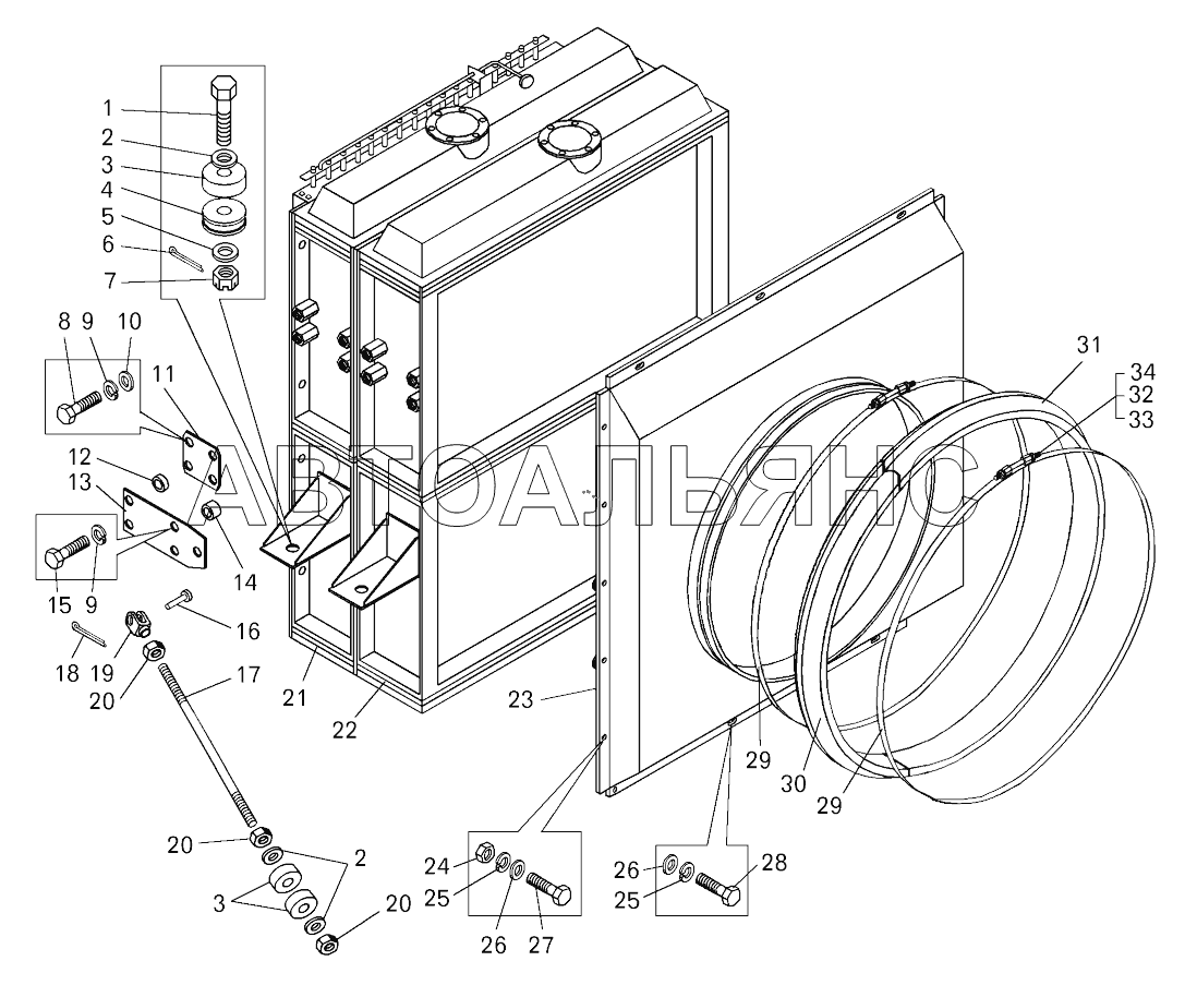 Радиаторы системы охлаждения и кожух вентилятора ;Radiators of engine cooling system and fan housing of BELAZ-