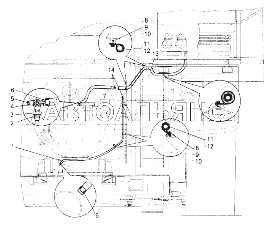 Установка трубопроводов отопителя кабины;Mounting of cabin heater pipelines