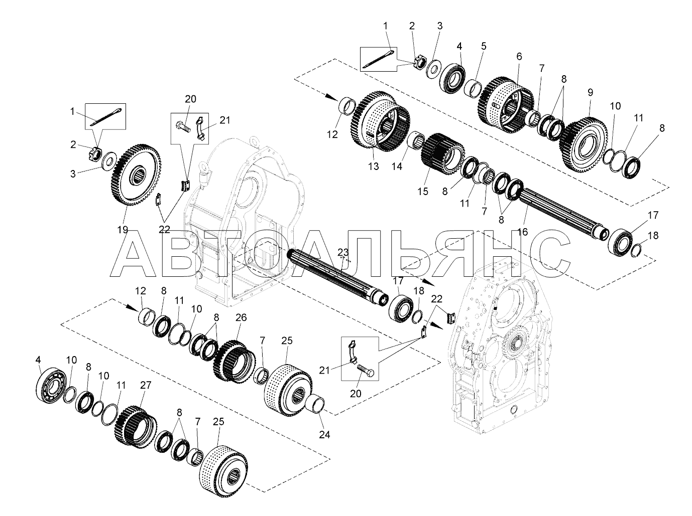 Коробка передач. Установка реверсивного и диапазонного валов (- , - );Gearbox. Mounting of reverse and wide range shafts