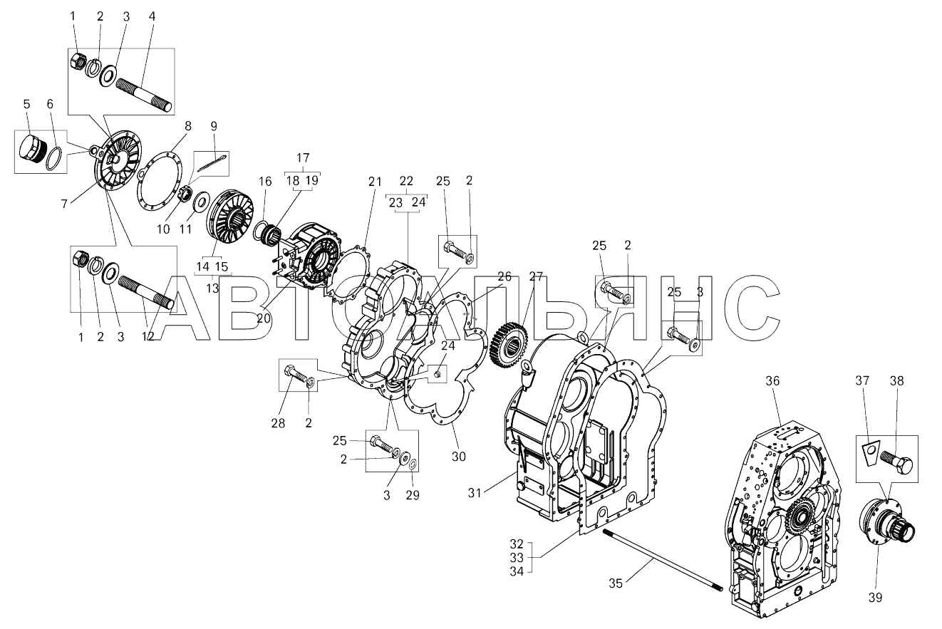 Коробка передач. Картеры, установка тормоза замедлителя;Gearbox. Casings, mounting of brake-retarder