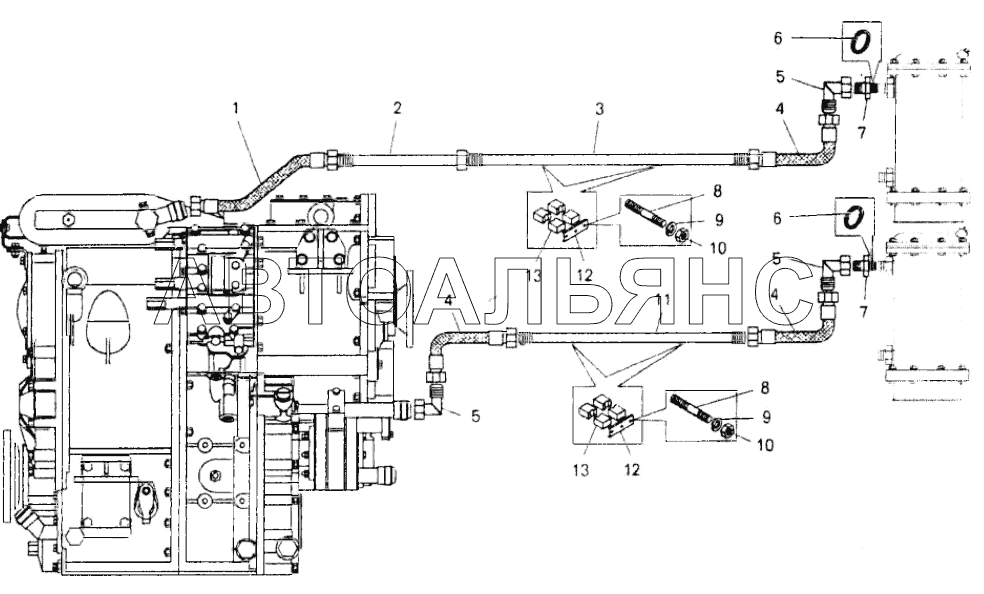 Установка трубопроводов и шлангов гидромеханической передачи;Mounting of piping and hoses of hydromechanical transmission