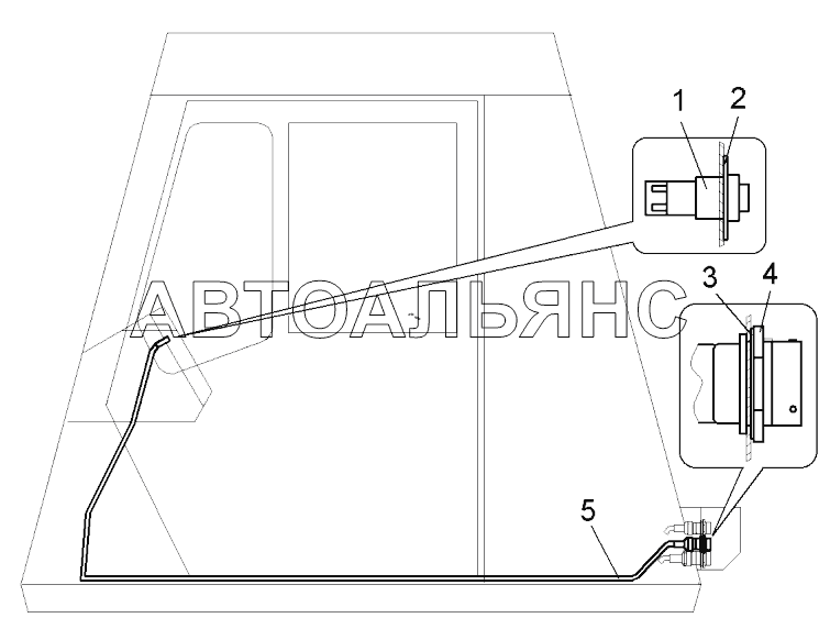 Монтаж проводов системы смазки “Lincoln” в кабине (75137-3700051);Arrangement of wiring of “Lincoln” lubrication system in the cabin