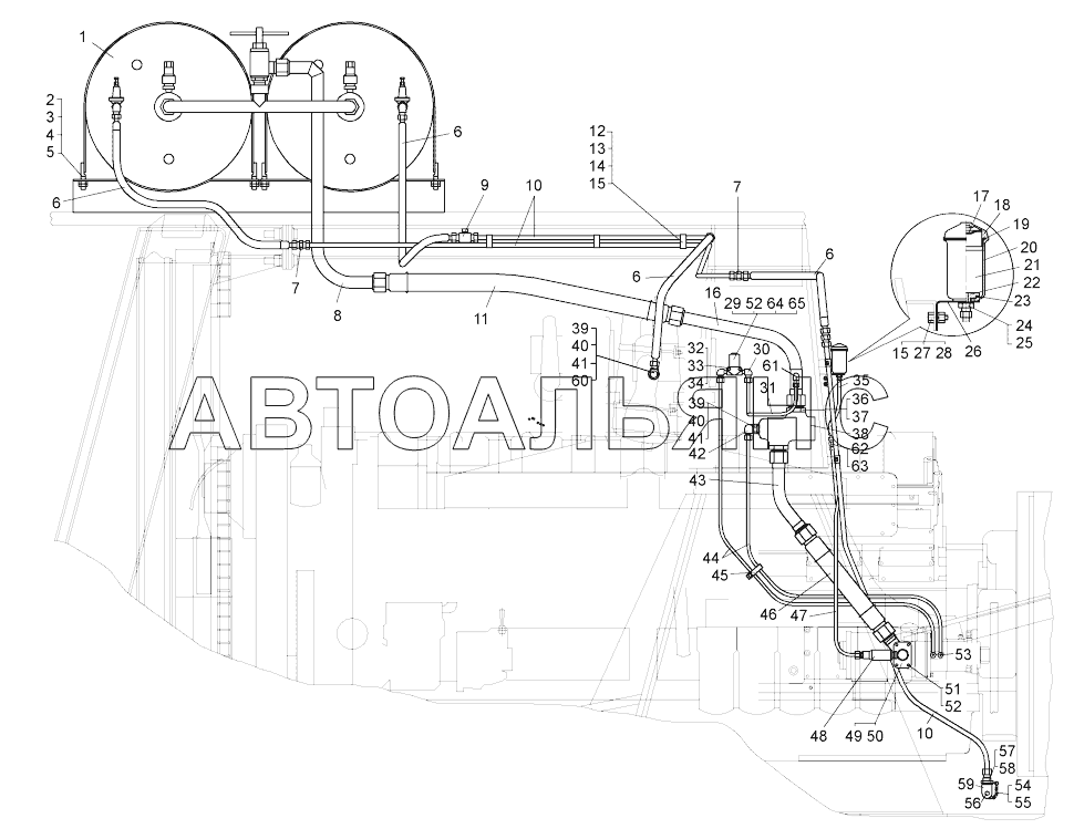 Установка системы пневмостартерного пуска двигателя (75131-1000007-10);Mounting of engine pneumatic start-up system