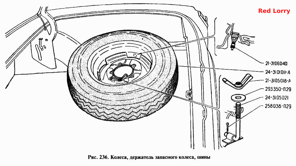 Колеса, держатель запасного колеса, шины