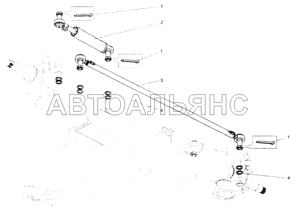 Установка цилиндров поворота и поперечной тяги рулевой трапеции;Mounting of steering cylinders and steering linkage cross rod