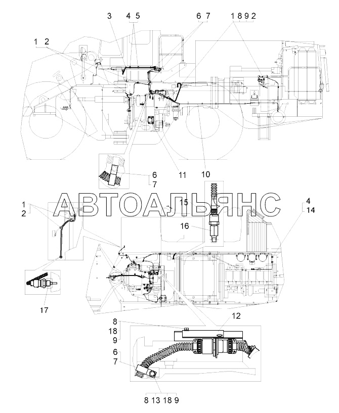 Монтаж системы управления гидромеханической передачей по шасси ;Mounting of the hydromechanical gear control system in chassis