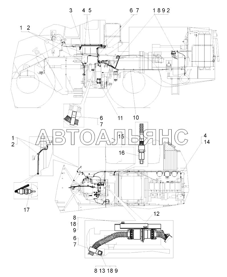 Монтаж системы управления гидромеханической передачей по шасси ;Mounting of the hydromechanical control system over chassis