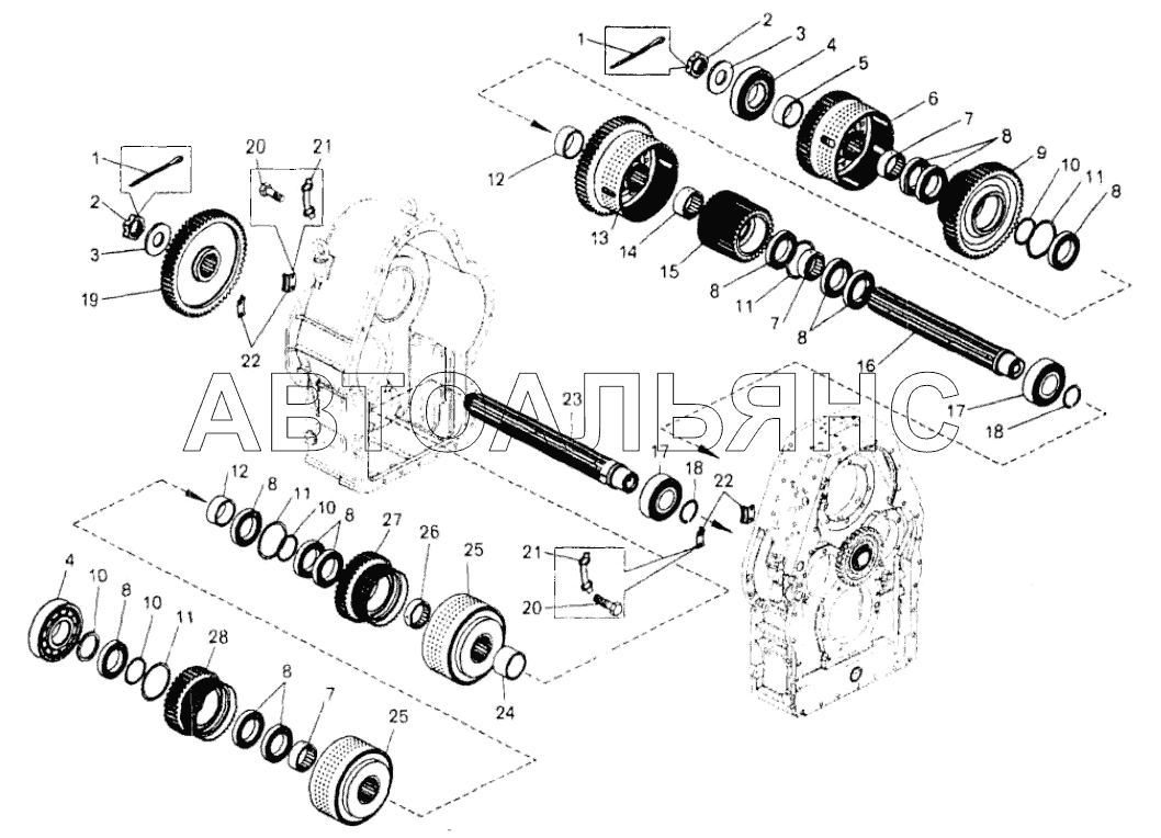 Коробка передач. Установка реверсивного и диапазонного валов;Gearbox. Mounting of reverse and range shafts