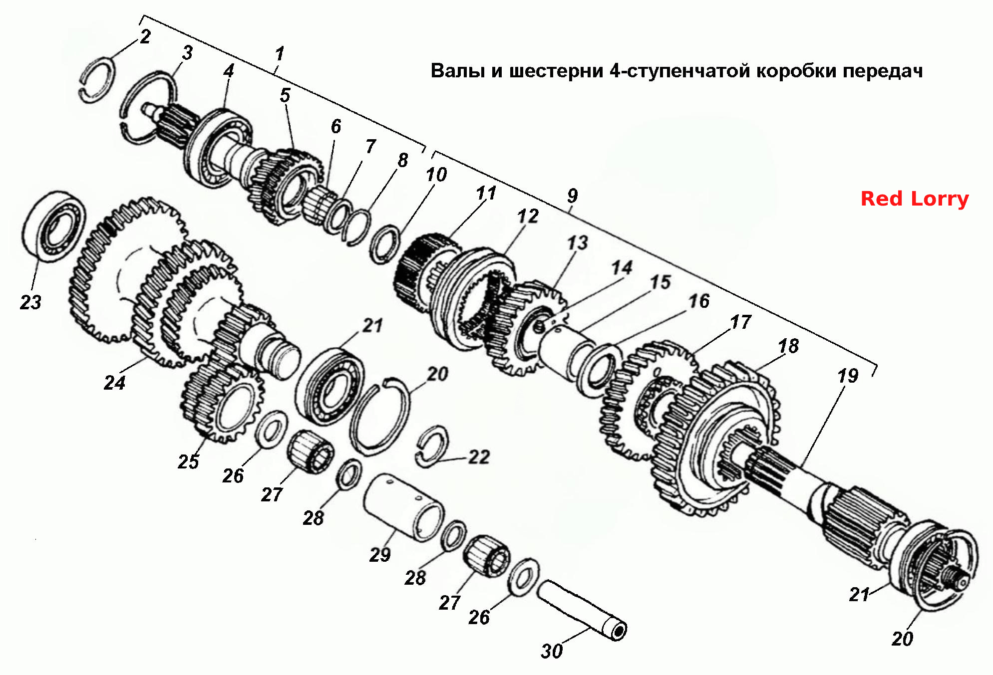 Валы и шестерни 4-ступенчатой коробки передач