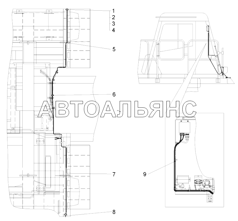 Монтаж системы контроля давления в шинах по шасси (75581-3700080);Mounting of the tires pressure control system over chassis