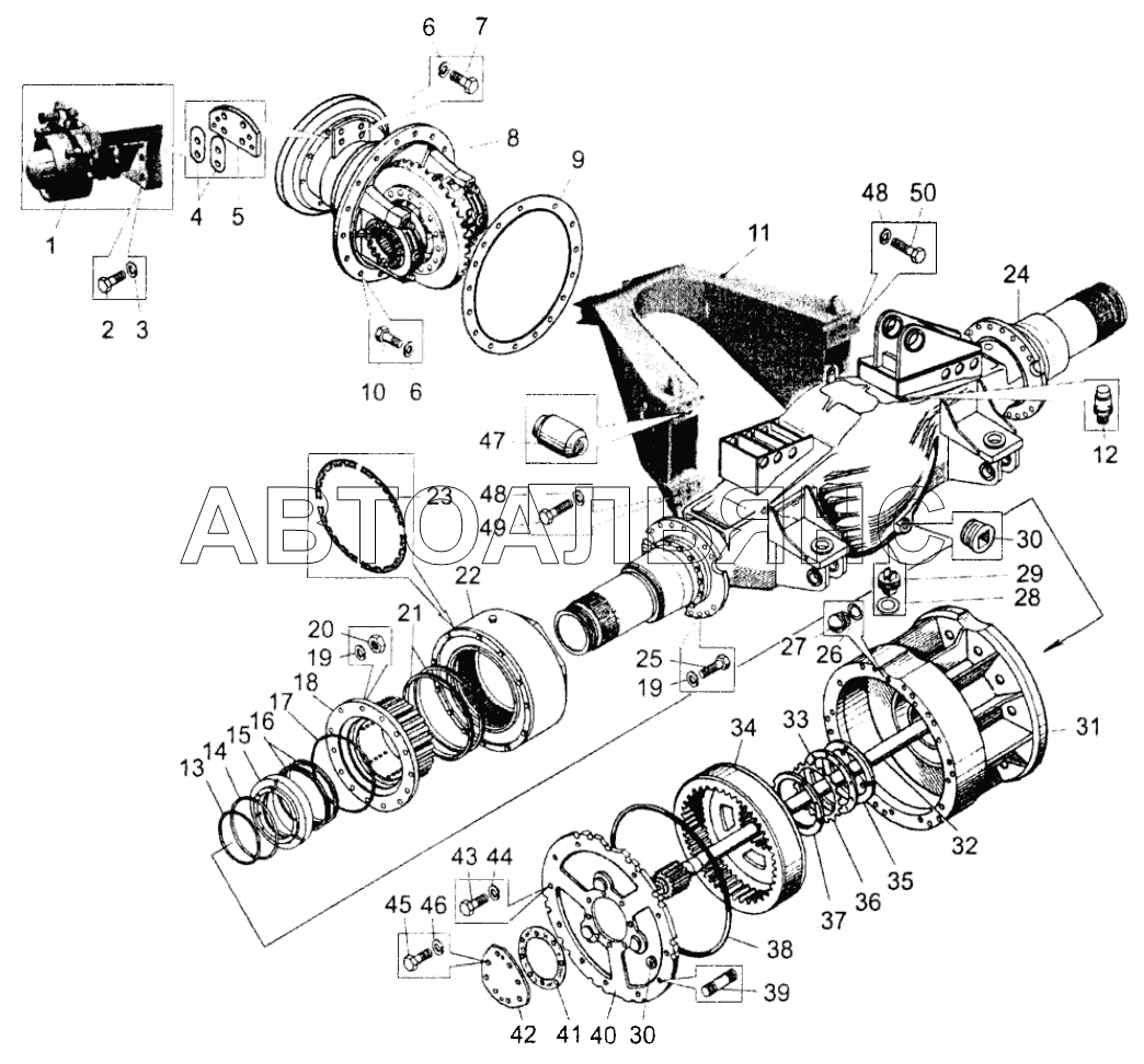 Мост задний с тормозами и ступицами;Rear axle with brakes and hubs