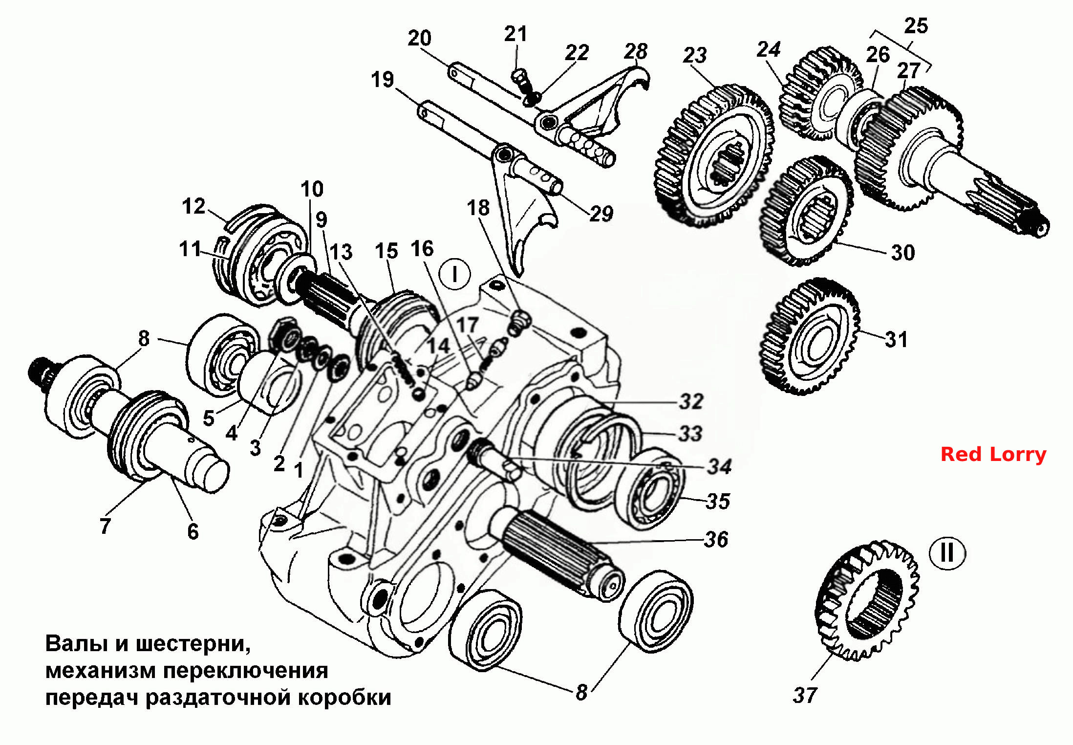 Валы и шестерни, механизм переключения передач раздаточной коробки