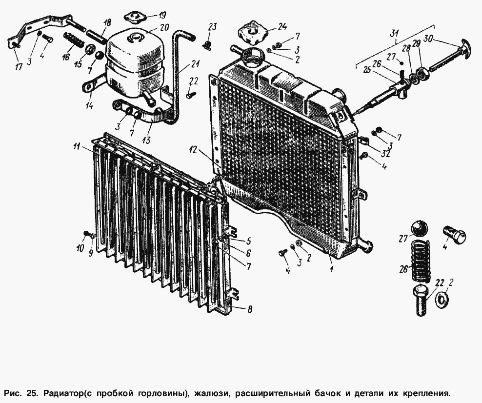 Радиатор (с пробкой горловины), жалюзи, расширительный бачок и детали их крепления