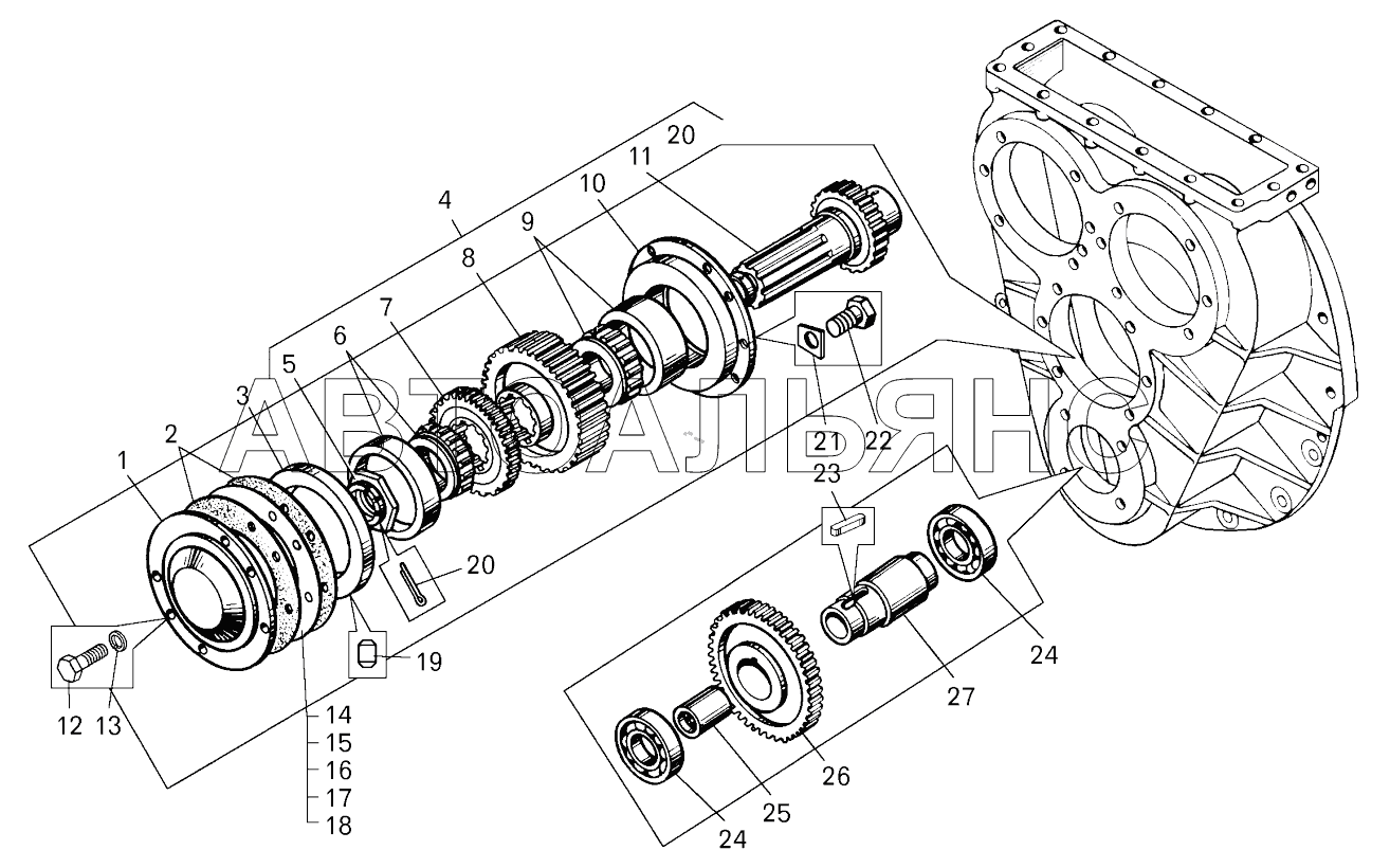 Вал вторичный и вал привода насоса согласующей передачи;Secondary shaft and pump drive shaft of matching gear