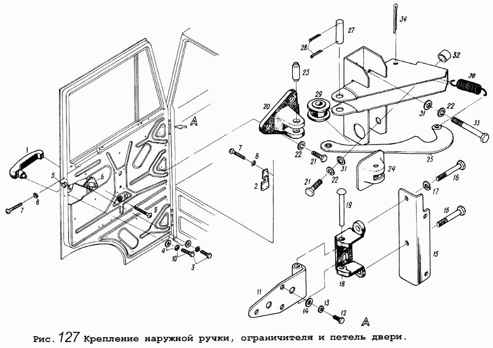 Крепление наружной ручки, ограничителя и петель двери