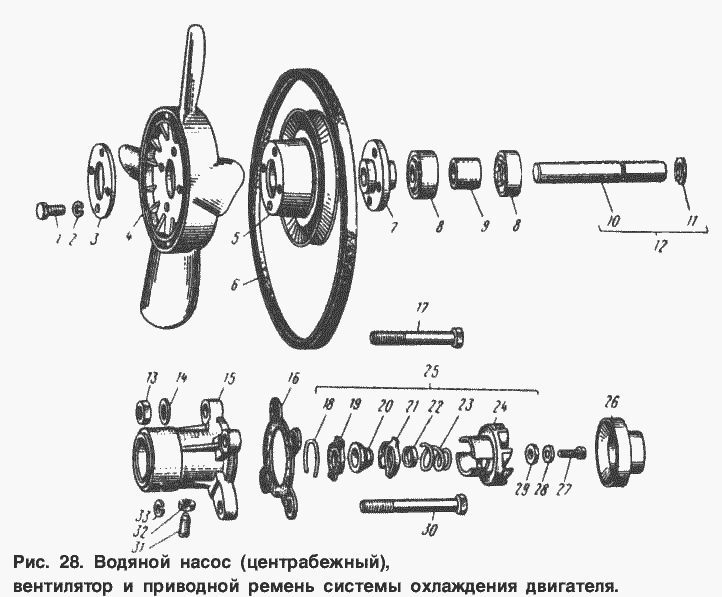 Водяной насос (центробежный), вентилятор и приводной ремень системы охлаждения двигателя