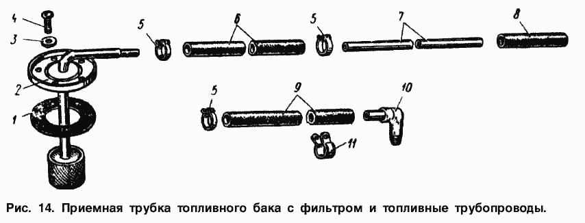 Приемная трубка топливного бака с фильтром и топливные трубопроводы