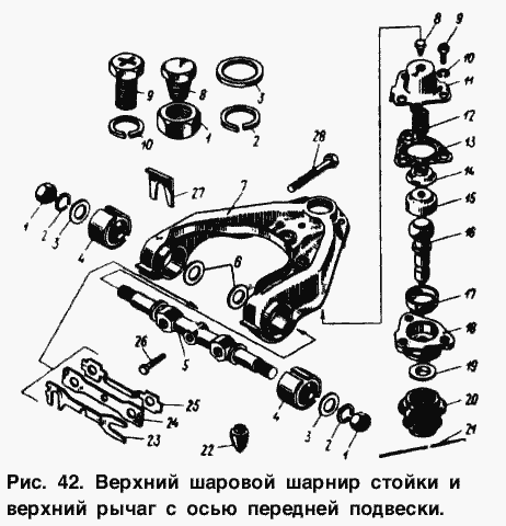 Верхний шаровой шарнир стойки и верхний рычаг с осью передней подвески