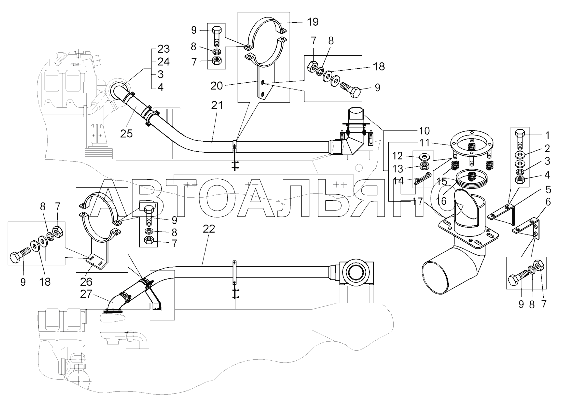 Установка системы выпуска отработавших газов на самосвале БелАЗ-7547;Mounting of the exhaust system on dump truck BELAZ-7547