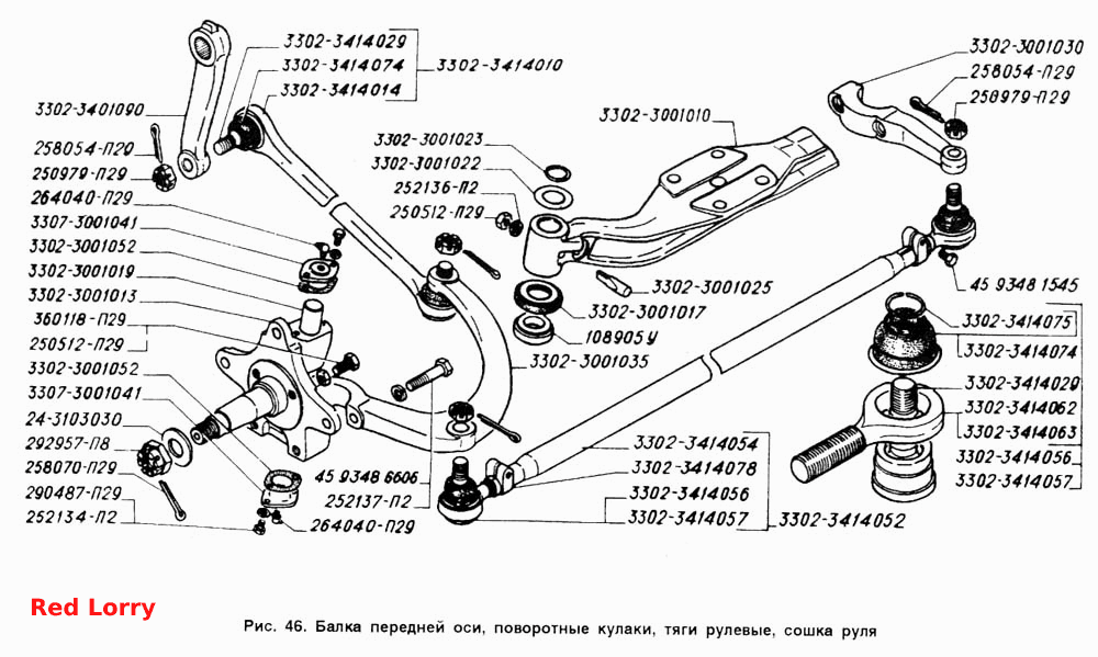 Балка передней оси, поворотные кулаки, тяги рулевые, сошка руля