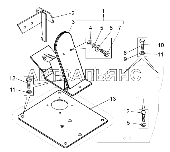 Установка педали подачи топлива (75581-1108002, 75583-1108002);Mounting of fuel supply drive pedal