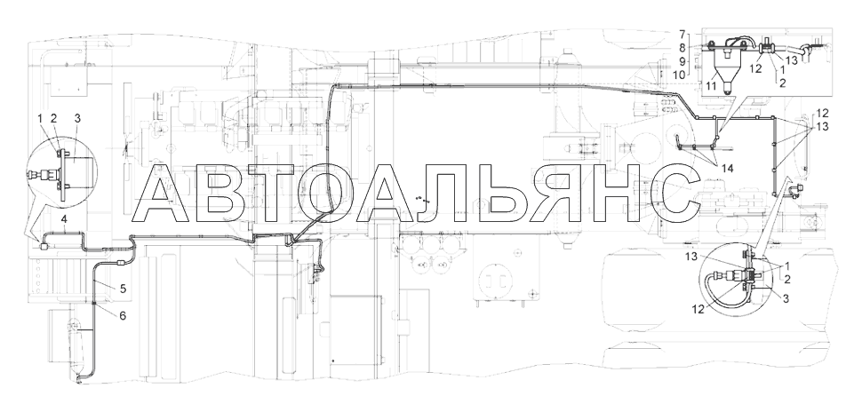 Монтаж электрооборудования системы пожаротушения по шасси (75580-3767010-10);Arrangement of wiring of fire fighting system on chassis