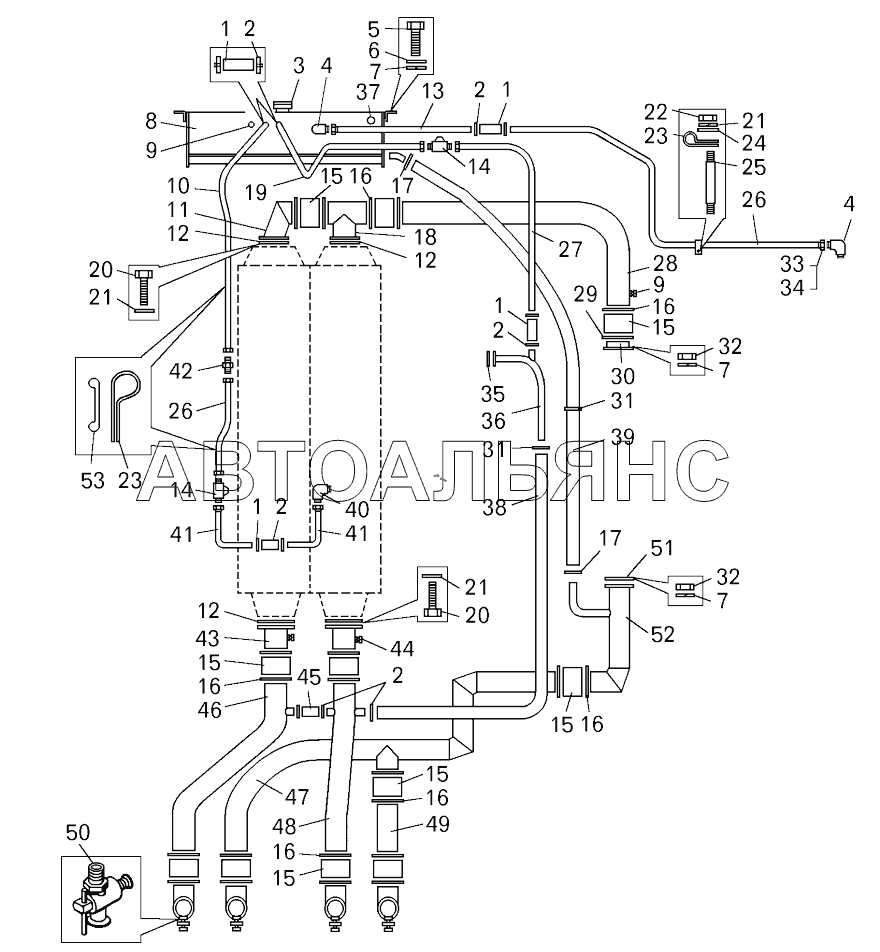 Трубопроводы системы охлаждения ;Cooling system pipelines of BELAZ- Wheel Dozer
