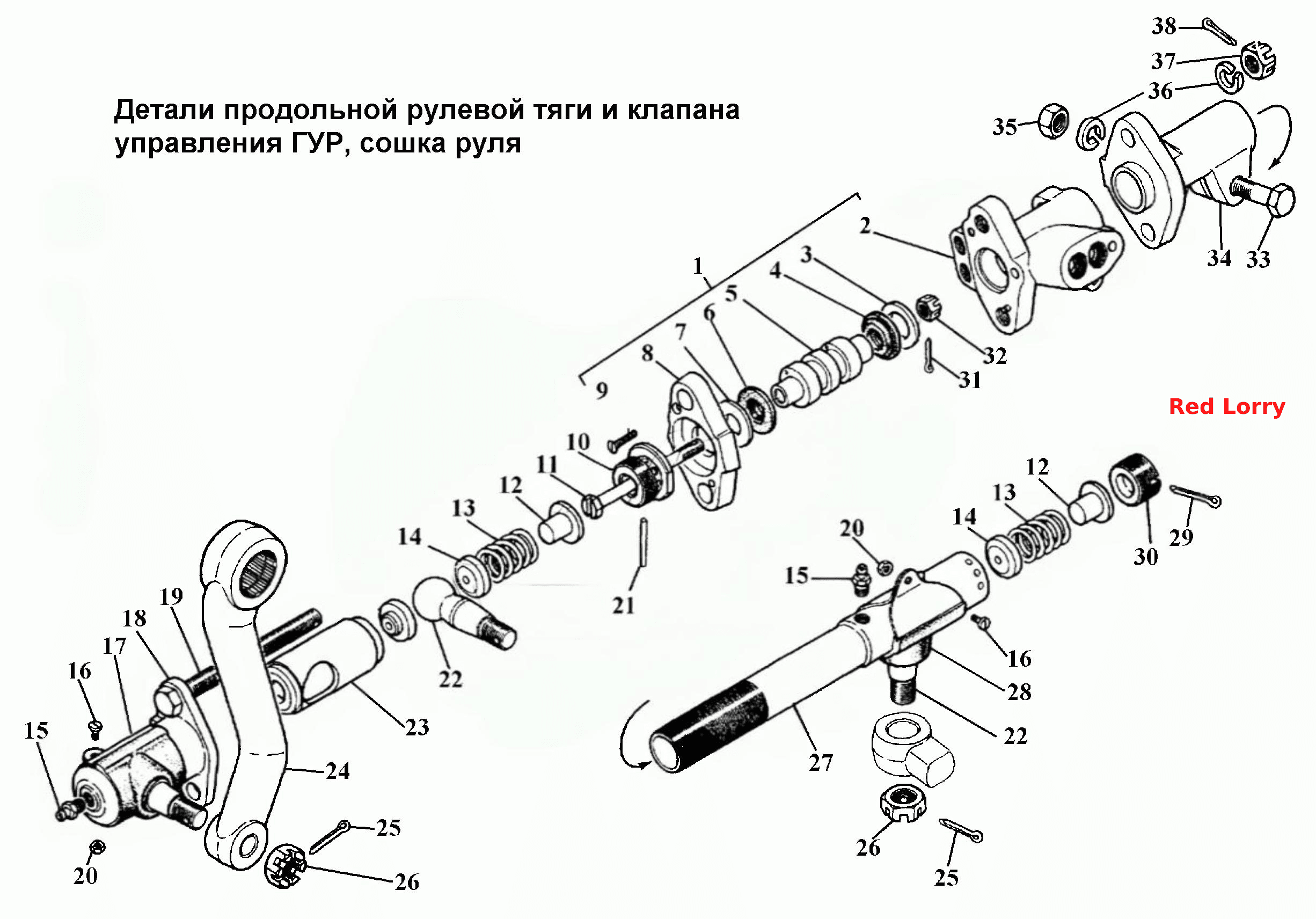 Деталі поздовжньої рульової тяги та клапана управління ГУР, рульова тяга