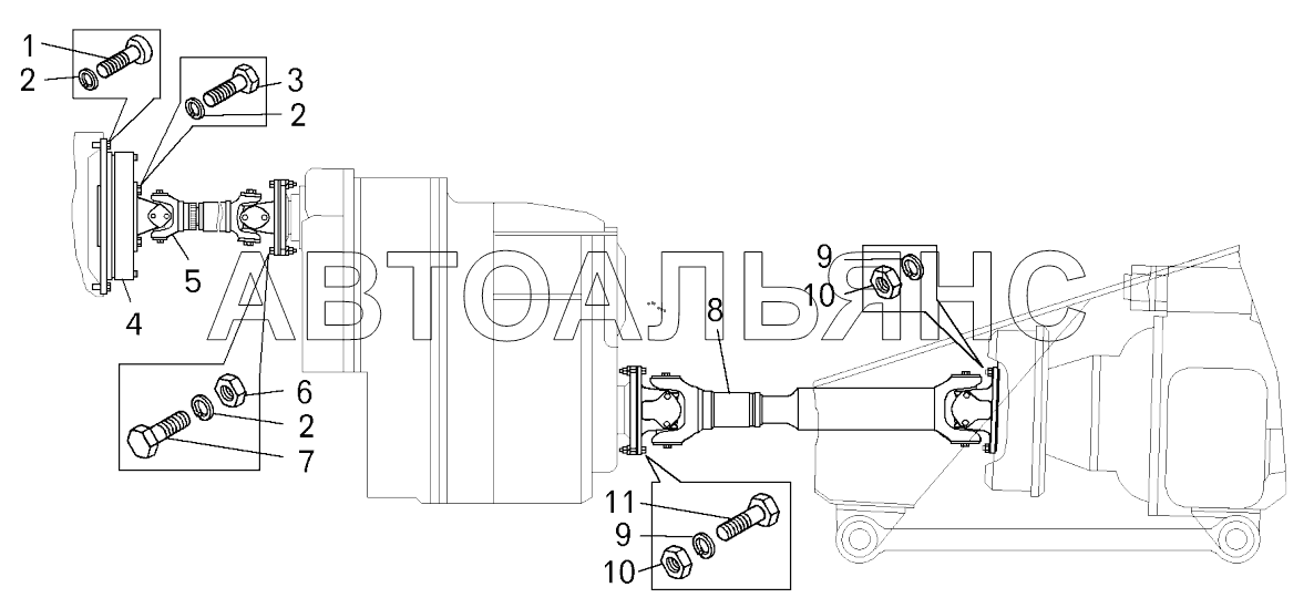 Установка карданных валов на самосвале БелАЗ-7547;Mounting of cardan shafts on dump truck BELAZ-7547
