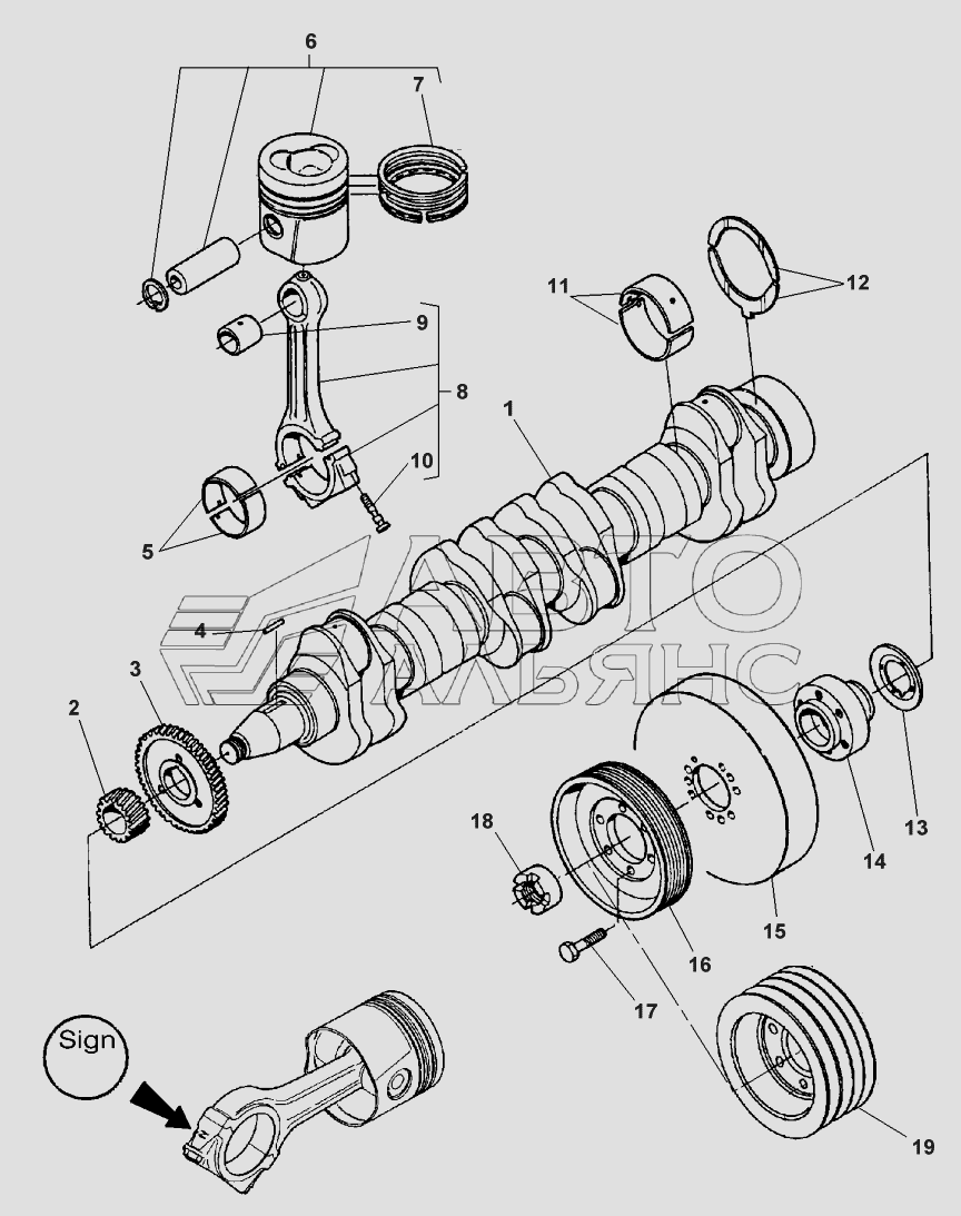 CRANKSHAFT, PISTONS AND CONNECTING RODS