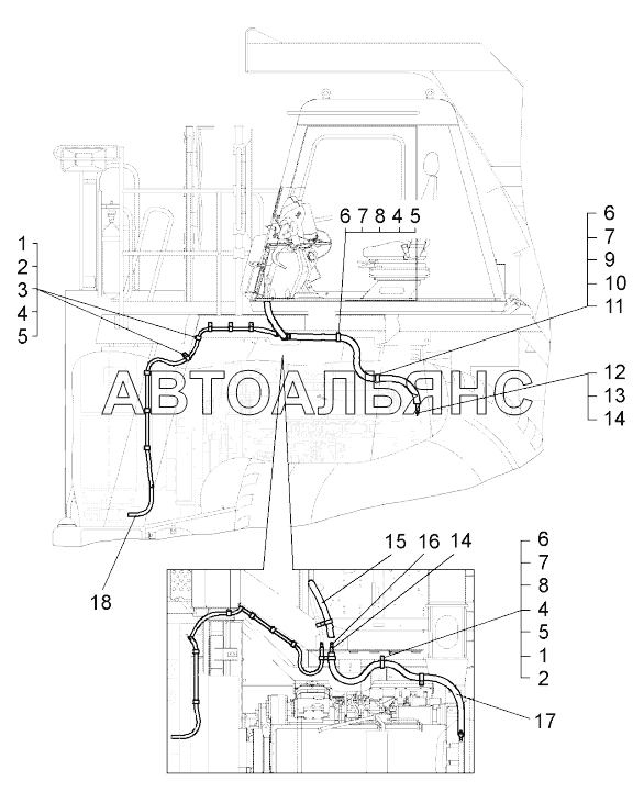 Установка трубопроводов отопителя кабины (75581-8100005);Mounting of cabin heater pipelines